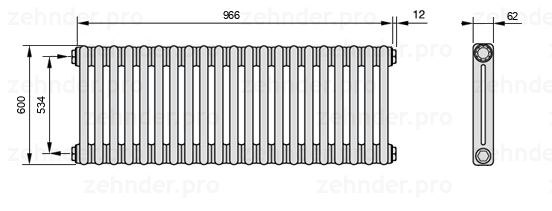 Схема (чертеж) Радиатор Zehnder Charleston 2060/21 №1270 Белый глянцевый RAL 9016